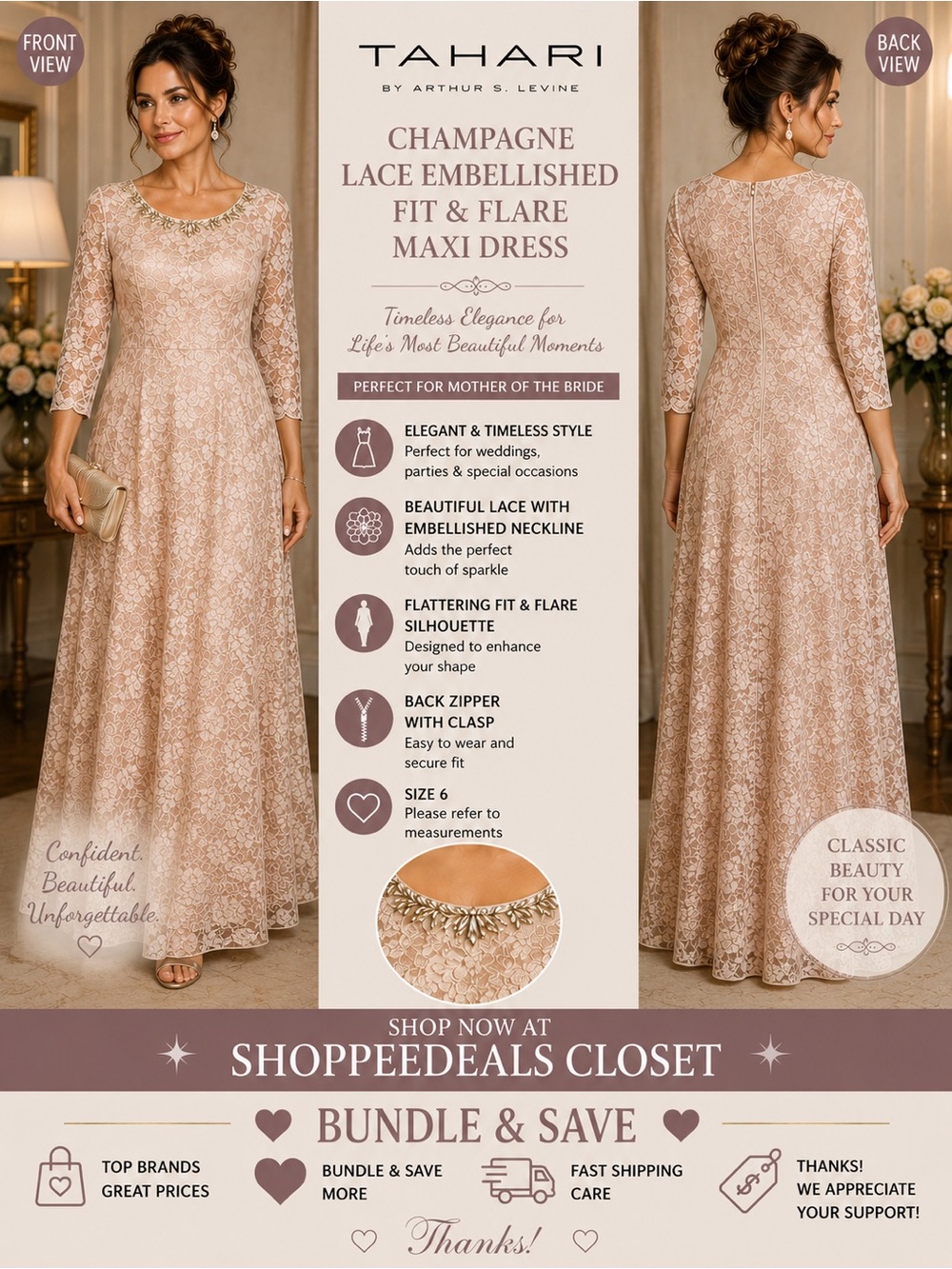 Tahari by Arthur S. Levine Champagne Lace Embellished Fit & Flare Midi Dress
